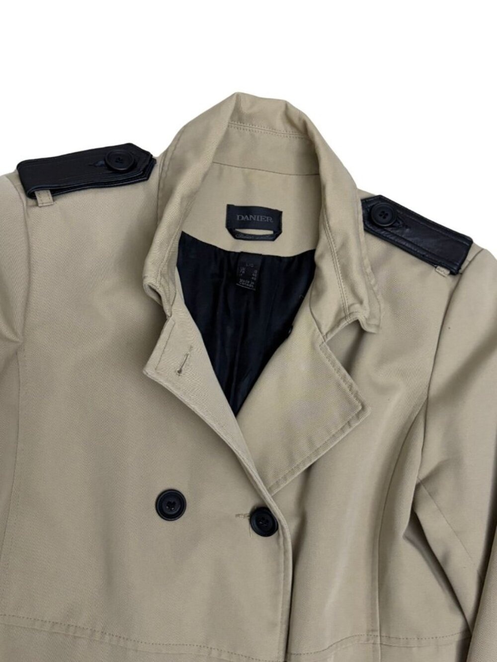 DANIER Italian Leather Trim Trench Coat Business Casual Log Jacket Coat Womens L - Picture 2 of 8